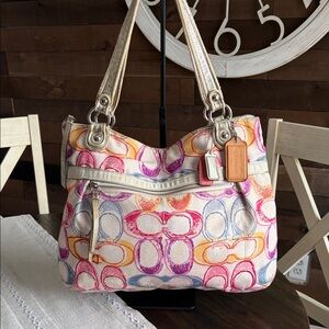 Coach Poppy Dream Signature Canvas Shoulder Bag with Gold Straps